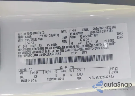 2019 Ford Escape Se z USA, uszkodzony, nr VIN 1FMCU0GD1KUA93662